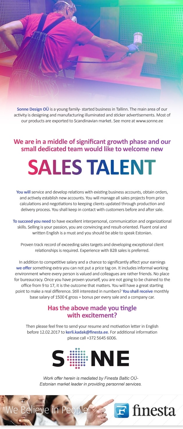 Finesta Baltic OÜ Sales Talent