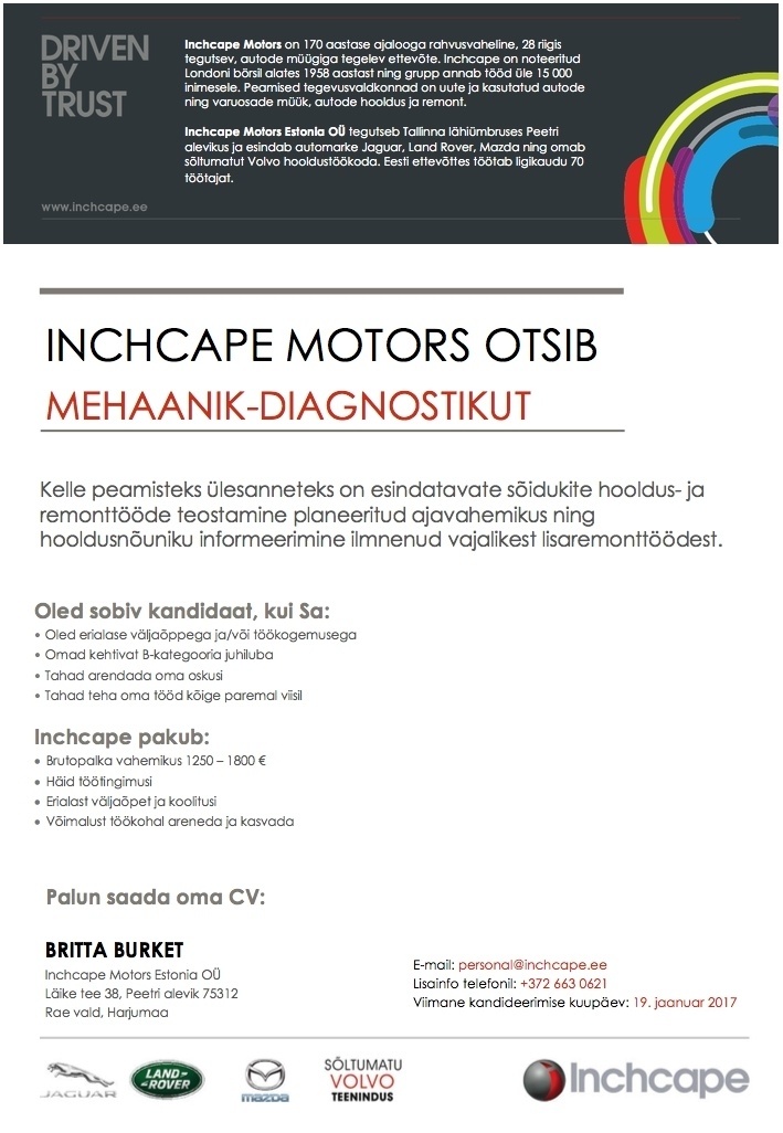 Inchcape Motors Estonia OÜ Mehaanik-diagnostik
