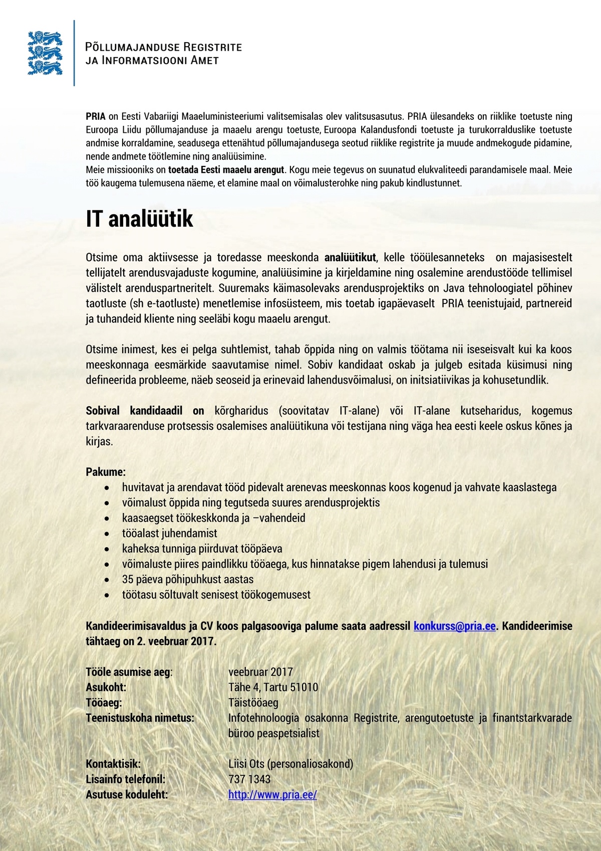 Põllumajanduse Registrite ja Informatsiooni Amet IT analüütik