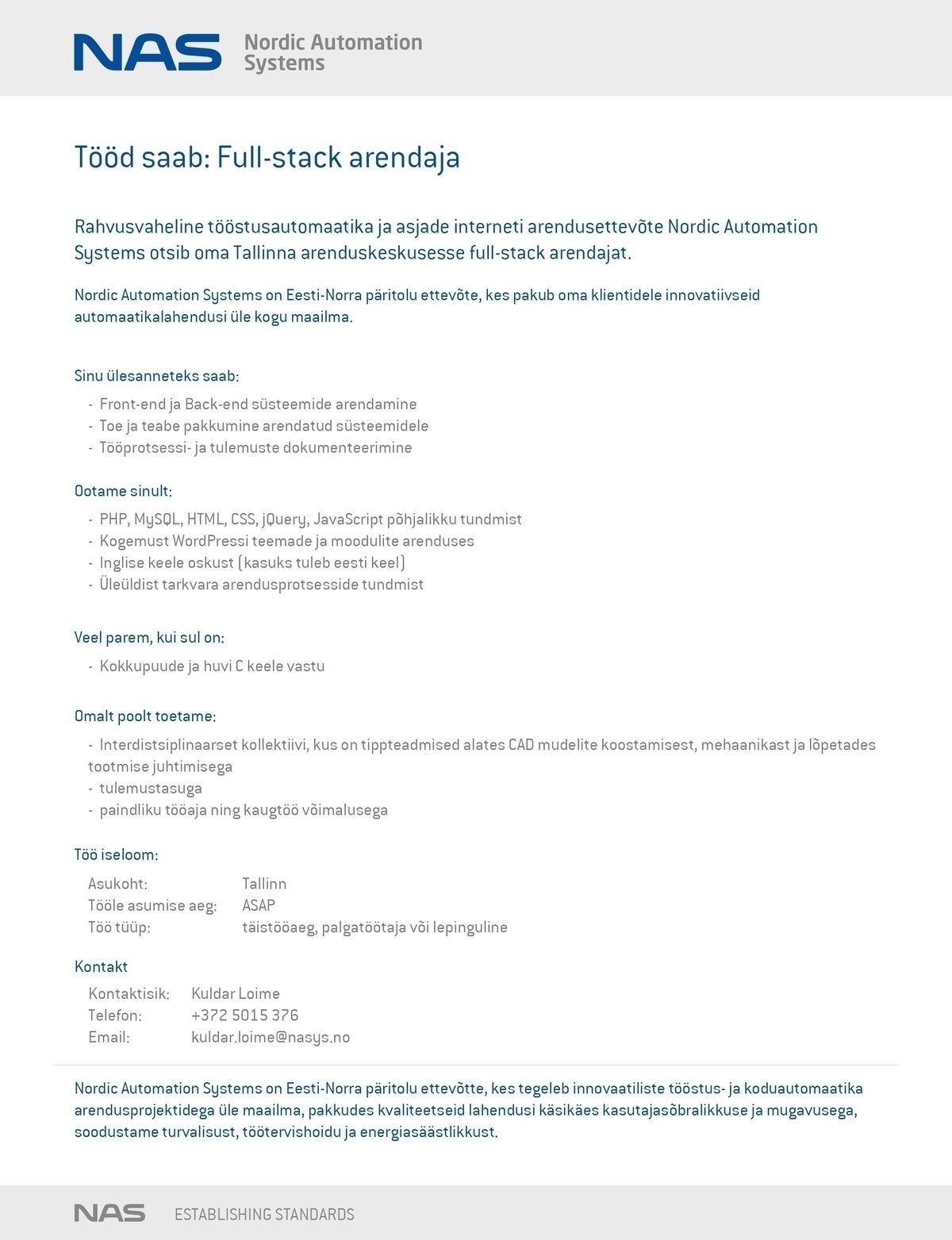 Nordic Automation Systems Full-stack arendaja