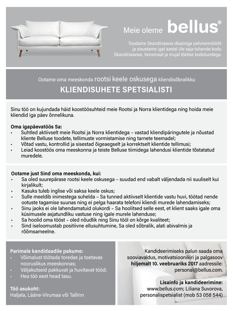 Bellus Furnitur OÜ Kliendisuhete spetsialist (rootsi keele oskusega)
