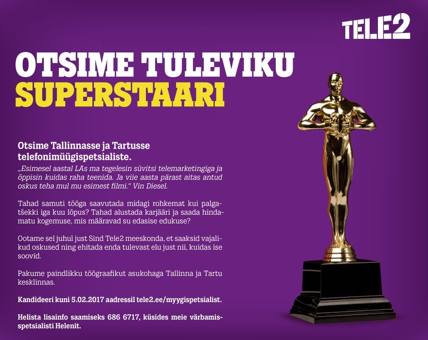Tele2 Eesti AS Telefonimüügispetsialist Tartus ja Tallinnas