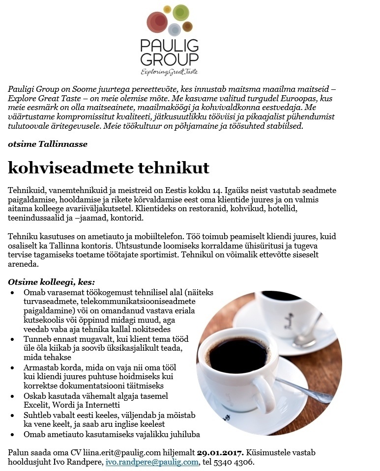 AS Paulig Coffee Estonia Kohviseadmete tehnik