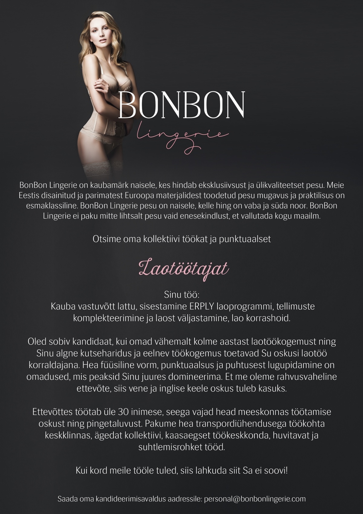 BonBon Lingerie OÜ Võtame tööle "Laotöölise"!