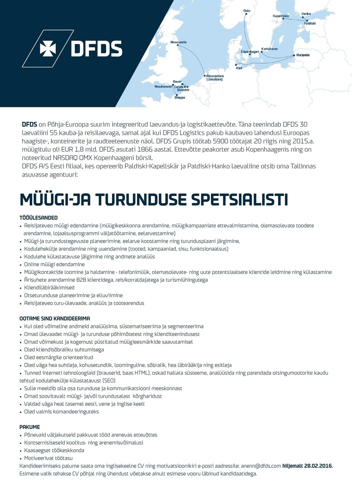 DFDS A/S Eesti Filiaal MÜÜGI-JA TURUNDUSE SPETSIALIST