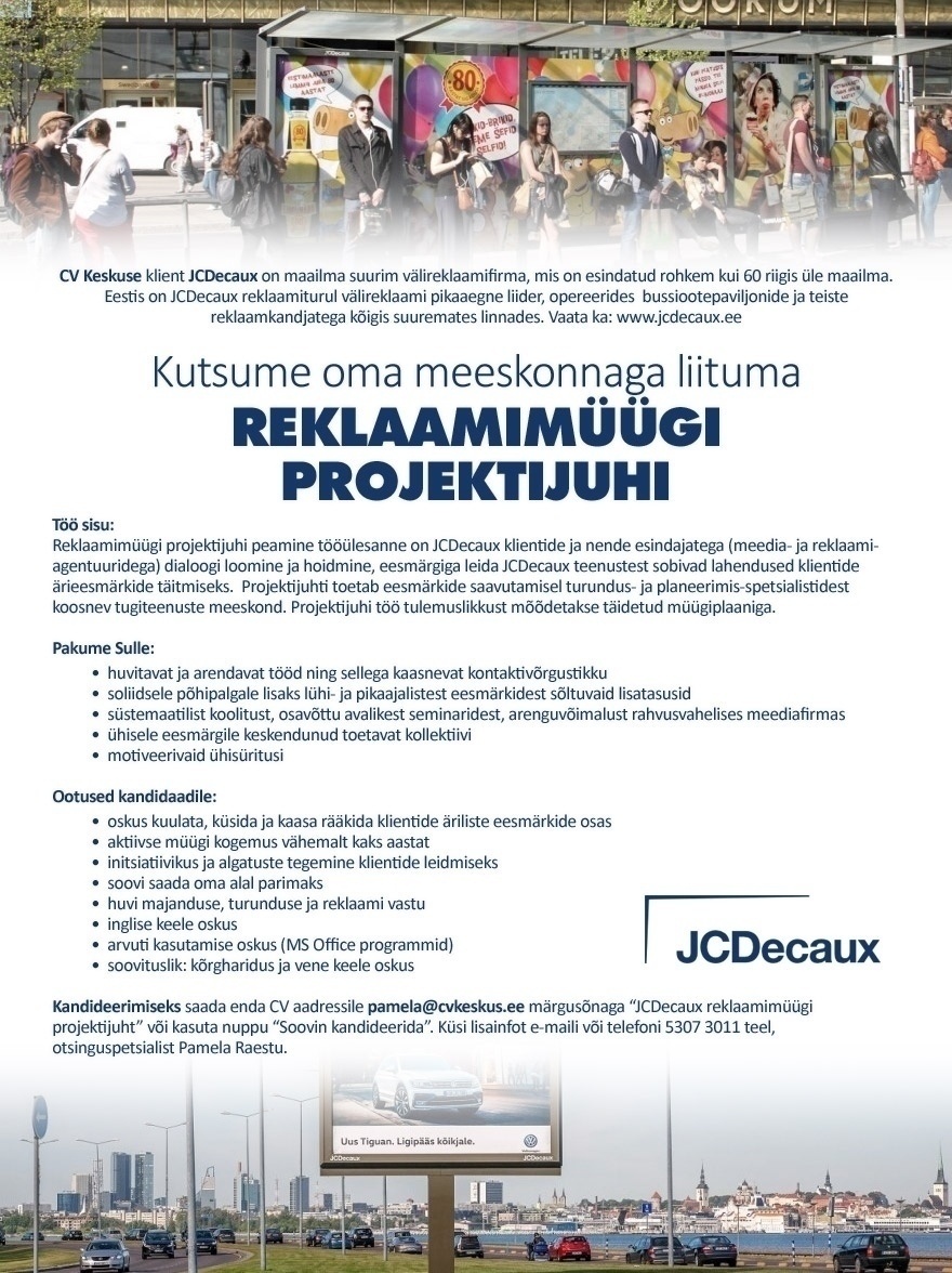 CV KESKUS OÜ JCDecaux otsib reklaamimüügi projektijuhti