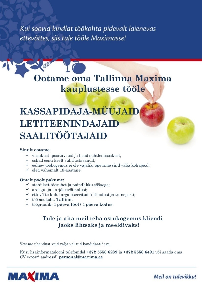 Maxima Eesti OÜ Narvast  Tallinnasse tööle