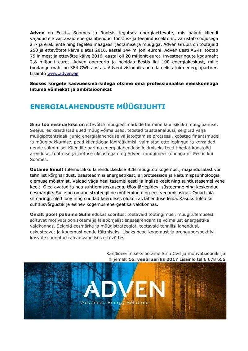 Adven Eesti AS Energialahenduste müügijuht