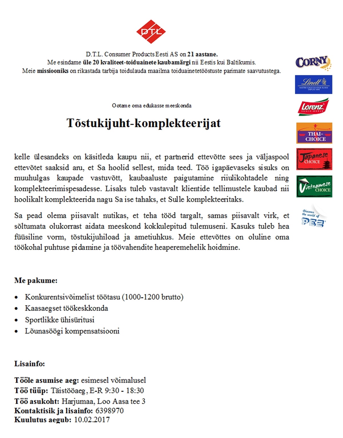 D.T.L. Consumer Products Eesti AS Tõstukijuht-komplekteerija