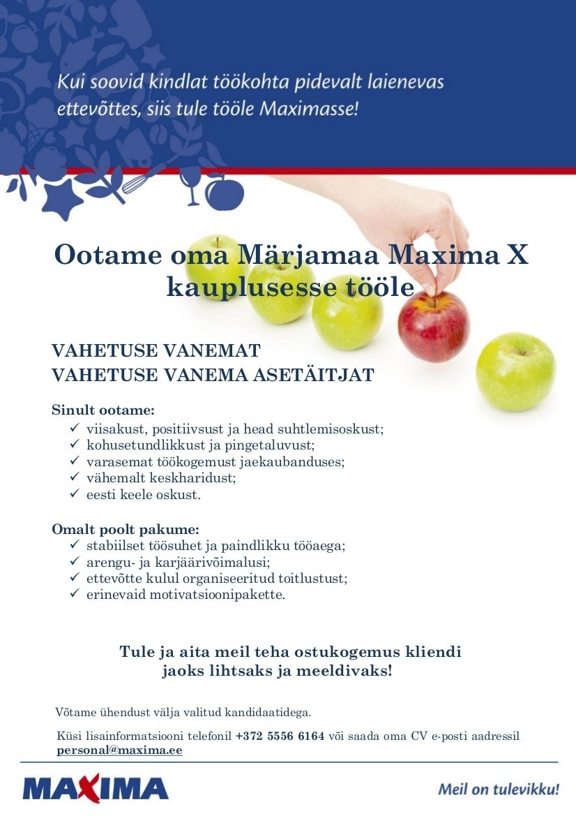 Maxima Eesti OÜ Vahetuse vanem Märjamaa Maximas