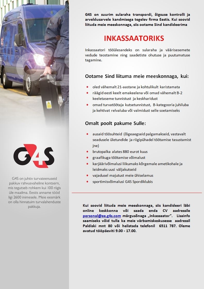 AS G4S Eesti Inkassaator-turvatöötaja (Tallinn)