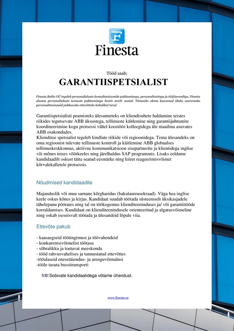 Finesta Baltic OÜ Garantiispetsialist/Klienditoe spetsialist ABB AS