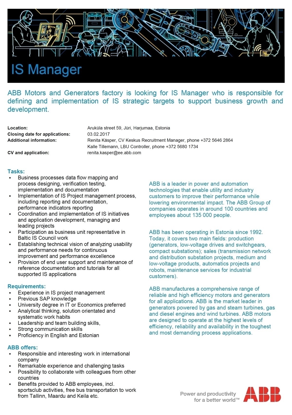 CV KESKUS OÜ ABB is looking for an IS Manager
