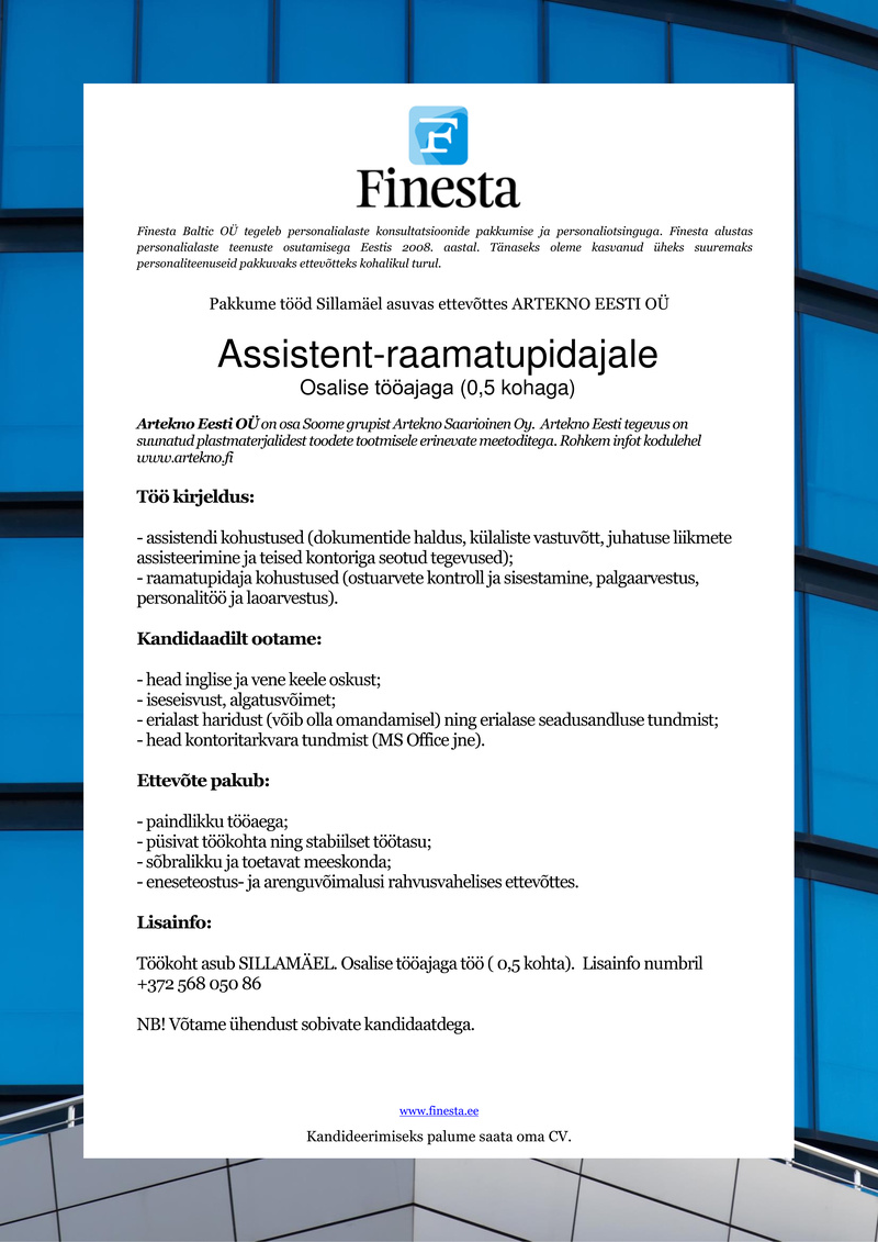 Finesta Baltic OÜ Assistent-raamatupidaja (0,5 kohaga)