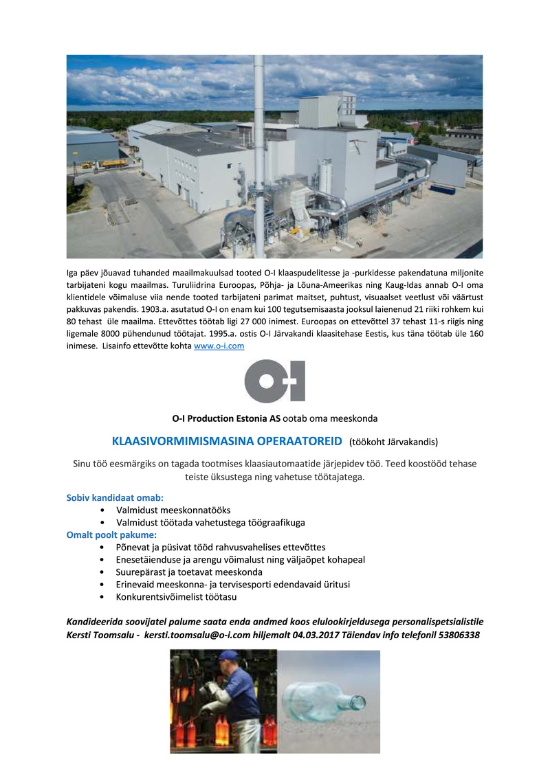 O-I PRODUCTION ESTONIA AS Klaasivormimismasina operaator