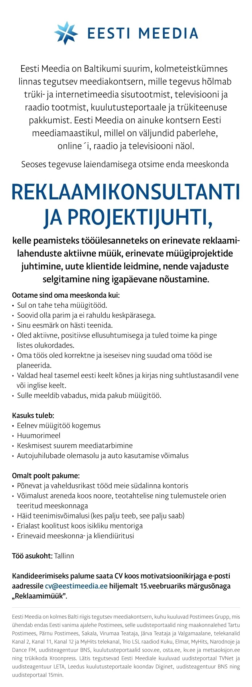 Eesti Meedia AS Reklaamikonsultant ja projektijuht