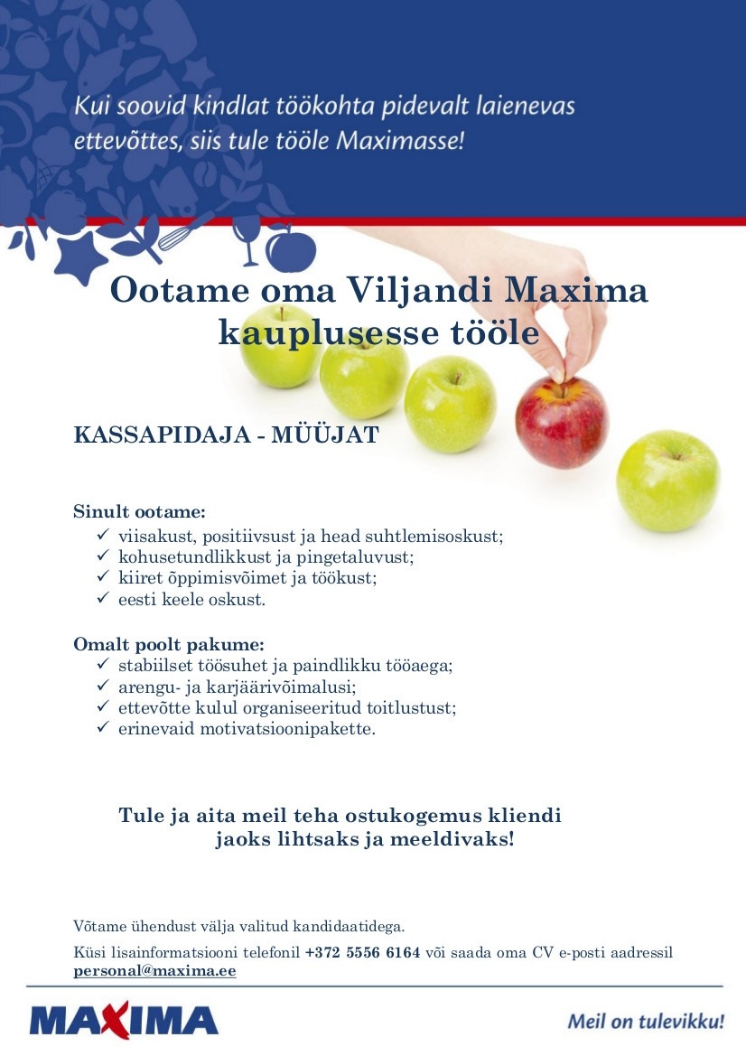 Maxima Eesti OÜ Kassapidaja-müüja Viljandi Maximas