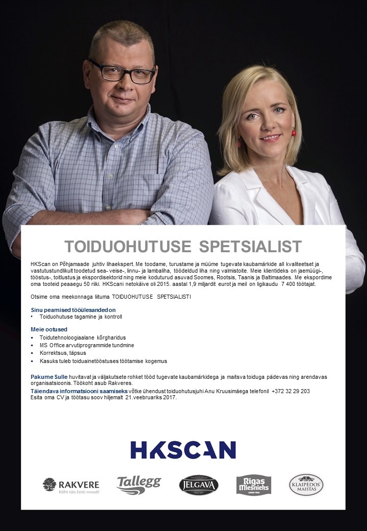HKScan Estonia AS Toiduohutuse spetsialist