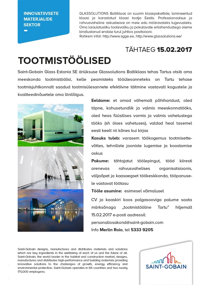 SAINT-GOBAIN GLASS ESTONIA SE Tootmistööline / operaator (Tartus)
