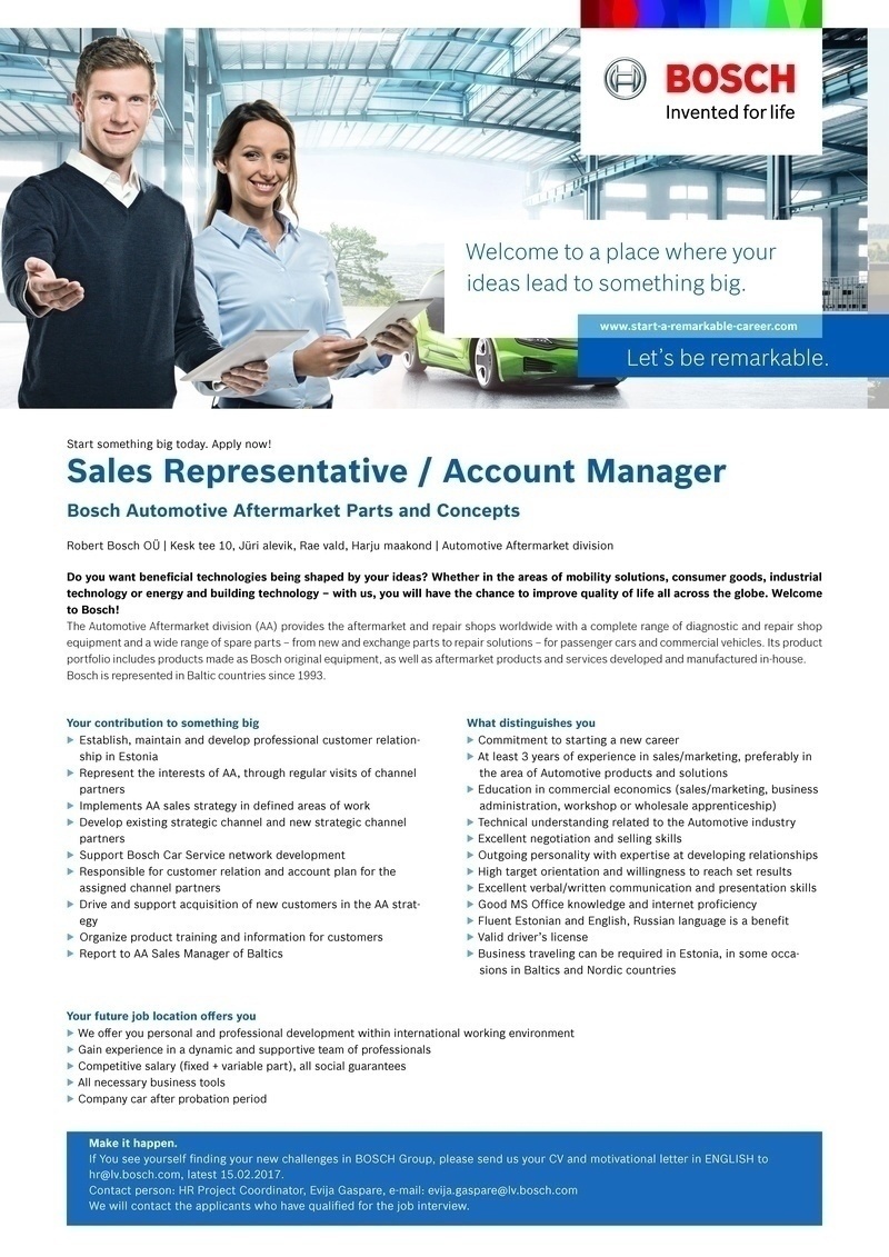 Robert Bosch OÜ Sales Representative/ Account manager