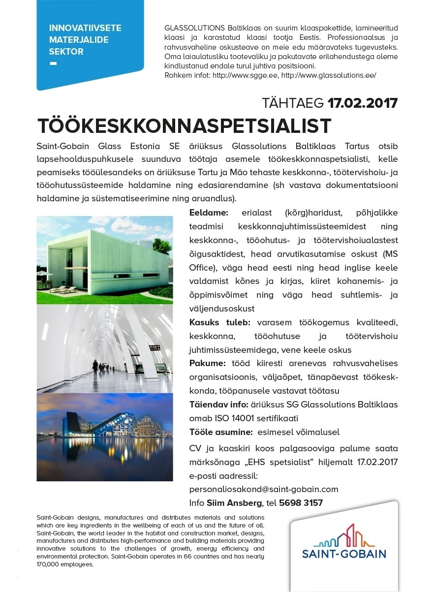 SAINT-GOBAIN GLASS ESTONIA SE Töökeskkonnaspetsialist