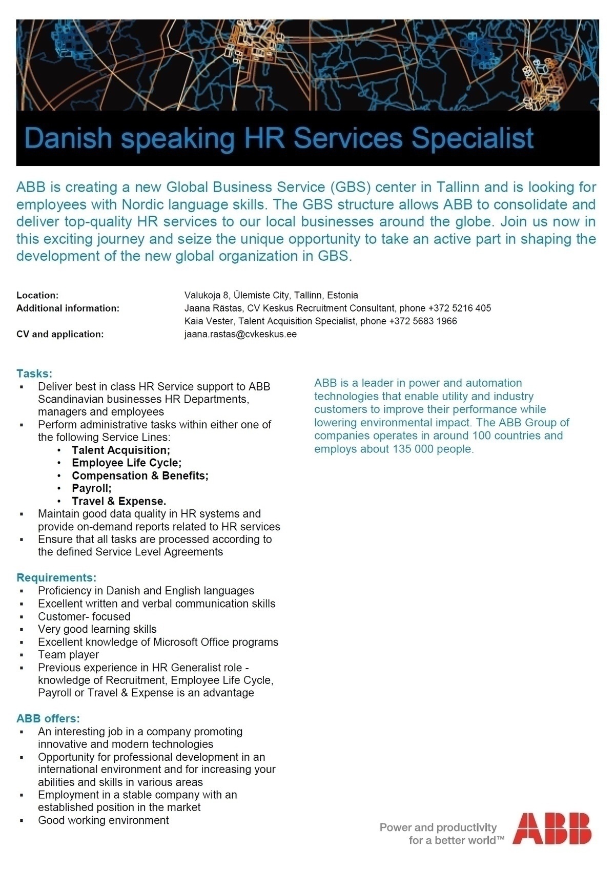 CV KESKUS OÜ ABB is looking for Danish speaking HR specialists