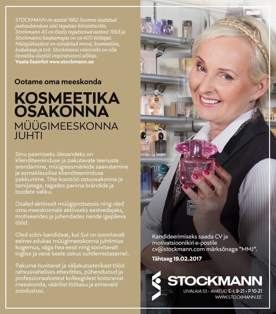 Stockmann AS Müügimeeskonna juht kosmeetika osakonda