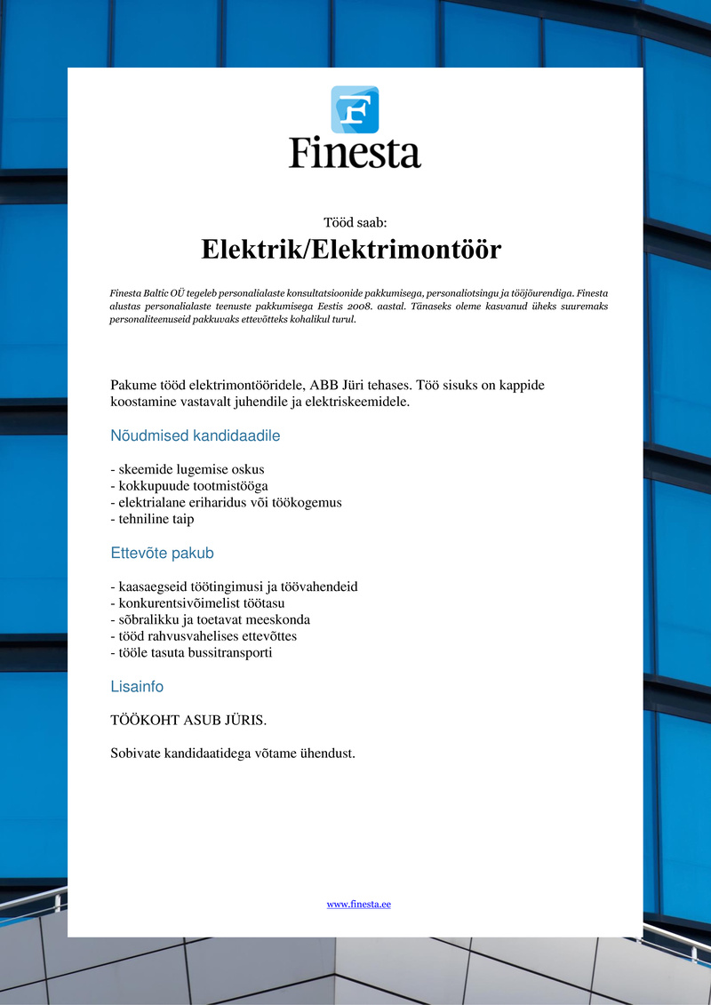 Finesta Baltic OÜ Elektrik/Elektrimontöör (ABB AS)