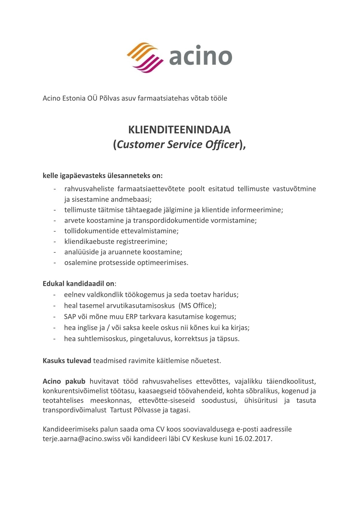 Acino Estonia OÜ Klienditeenindaja