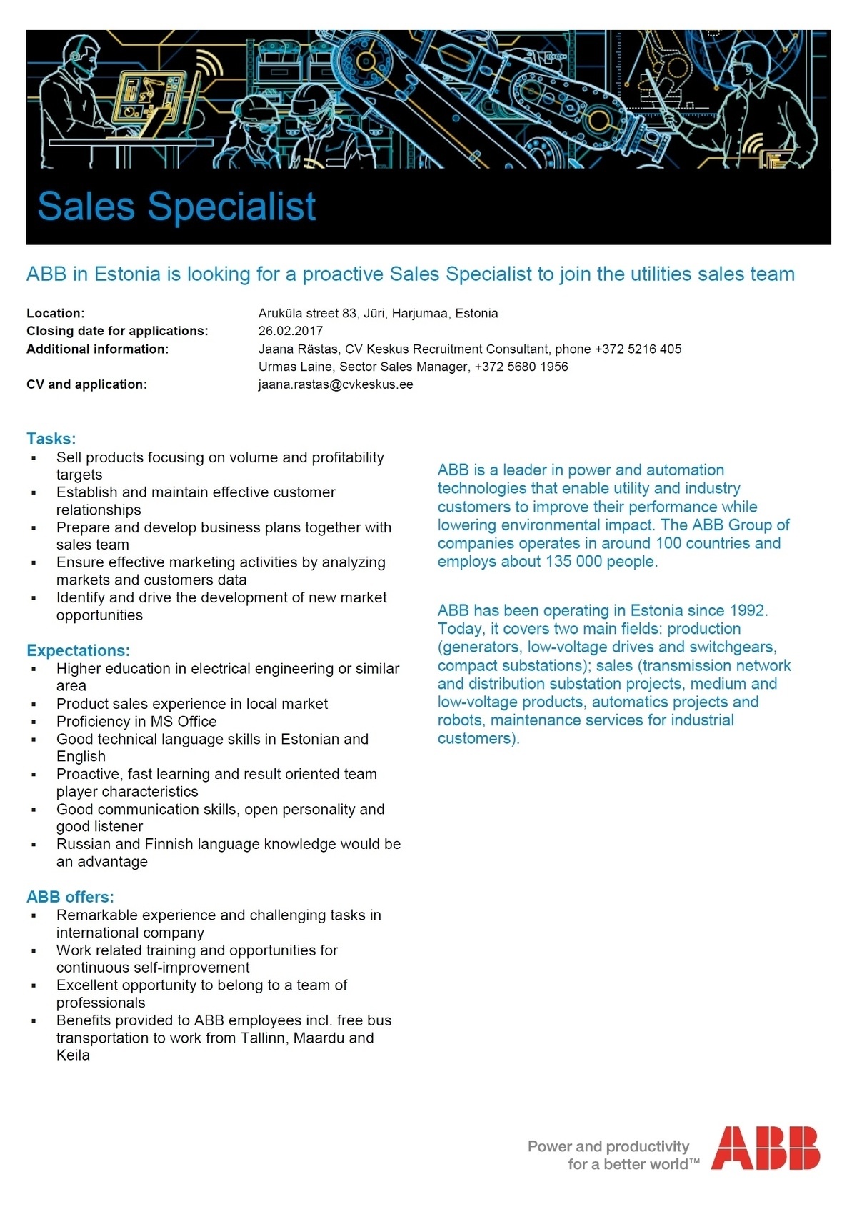 CV KESKUS OÜ ABB is looking for a Sales Specialist