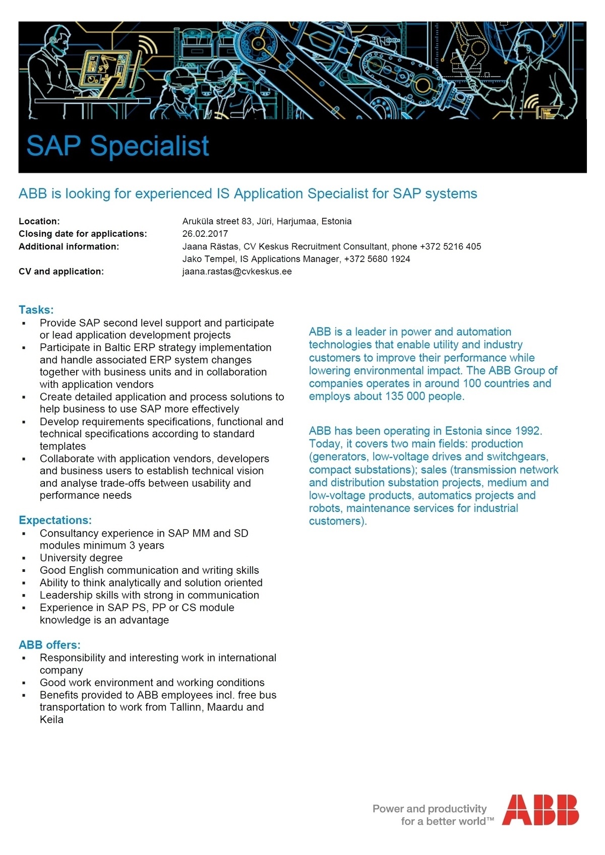 CV KESKUS OÜ ABB is looking for a SAP Specialist