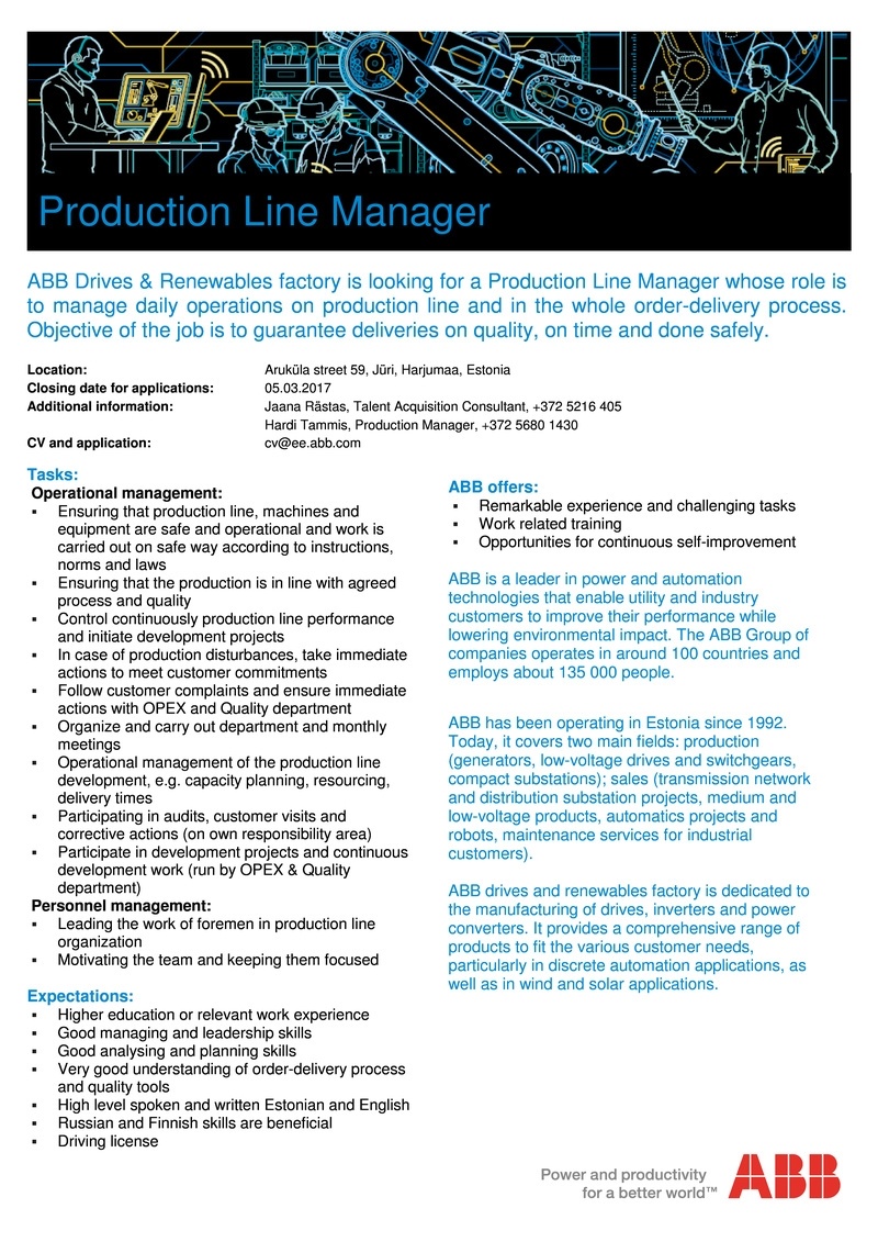 CV KESKUS OÜ ABB is looking for a Production Line Manager