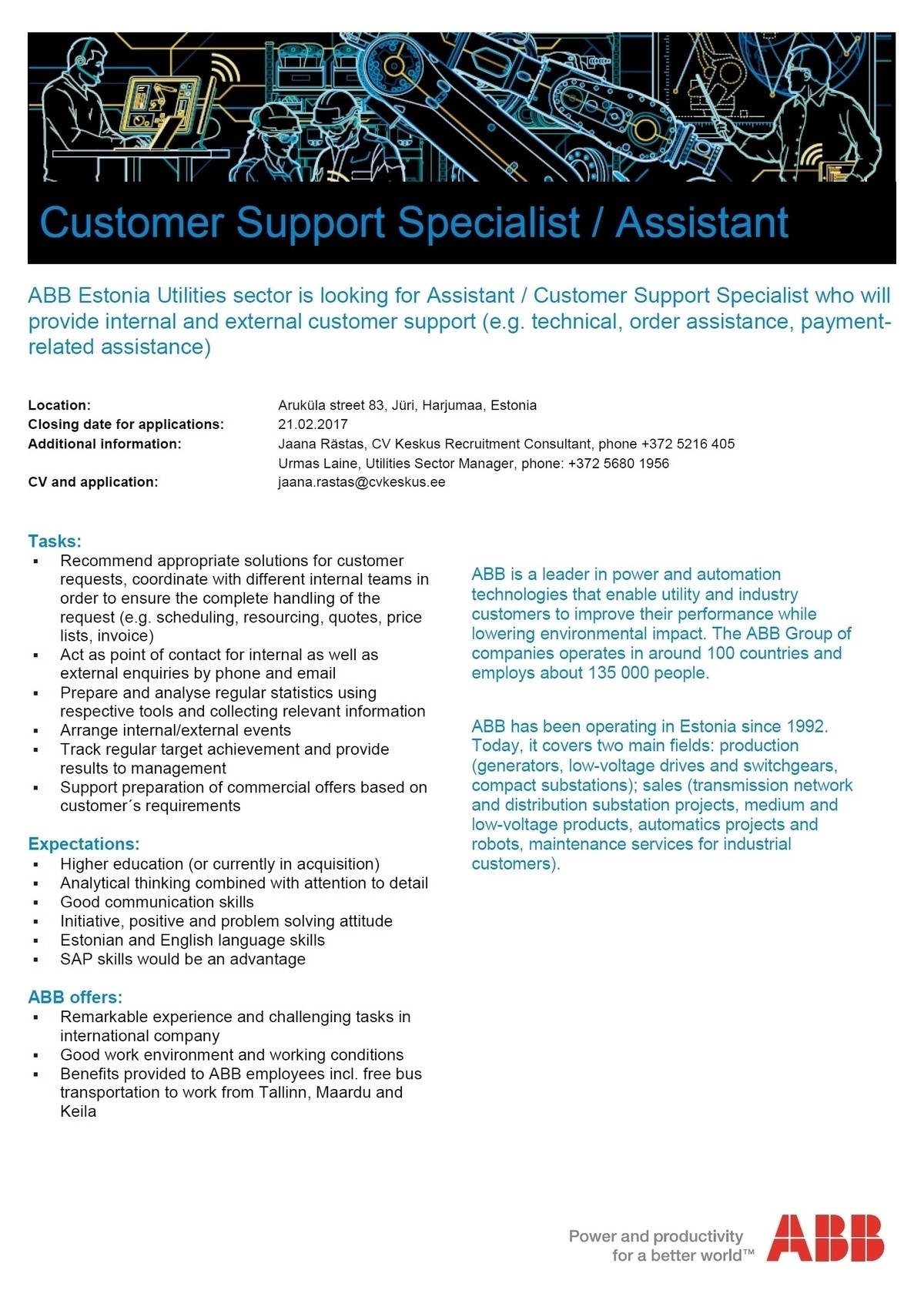 CV KESKUS OÜ ABB is looking for a Customer Support Specialist / Assistant