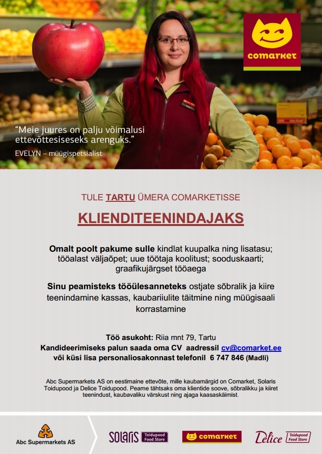 Abc Supermarkets AS KLIENDITEENINDAJA Tartu Ümera Comarketisse