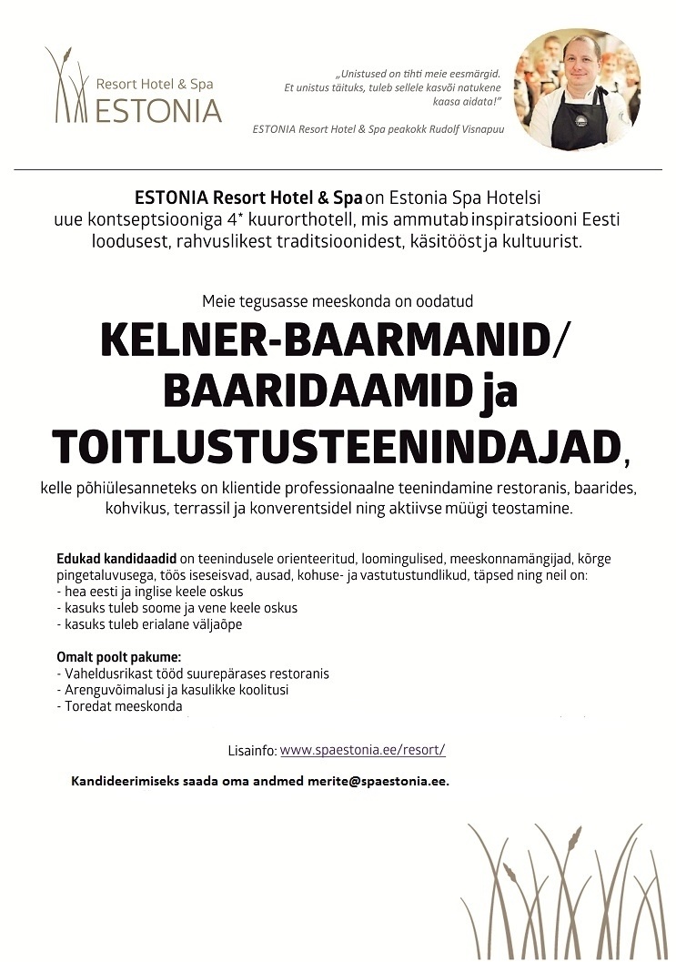 Estonia Spa Hotels AS Kelner-baaridaam/baarman, toitlustusteenindaja