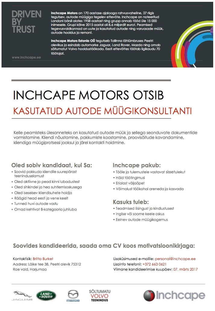 Inchcape Motors Estonia OÜ Kasutatud autode müügikonsultant