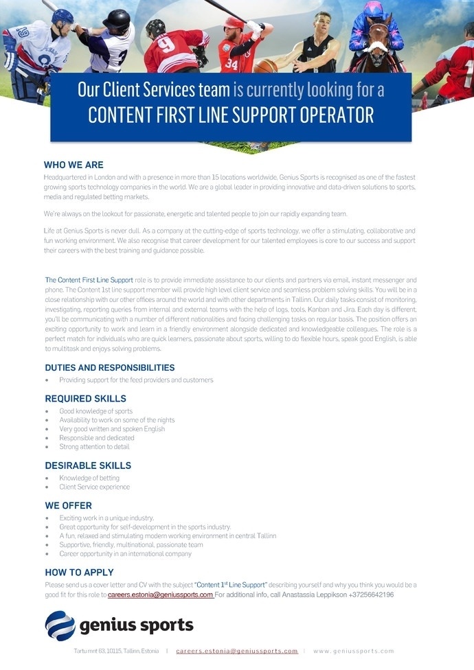 Genius Sports Services Eesti OÜ Content 1st Line Support Operator