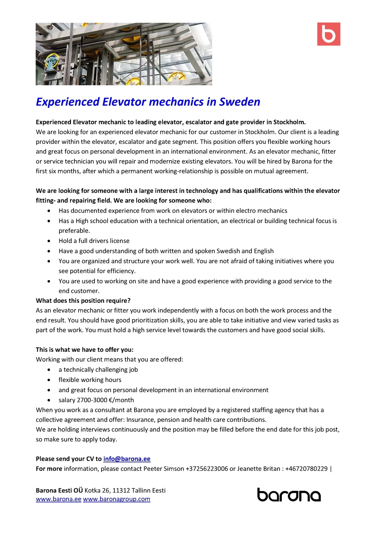 Barona Eesti OÜ Experienced Elevator mechanics in Sweden