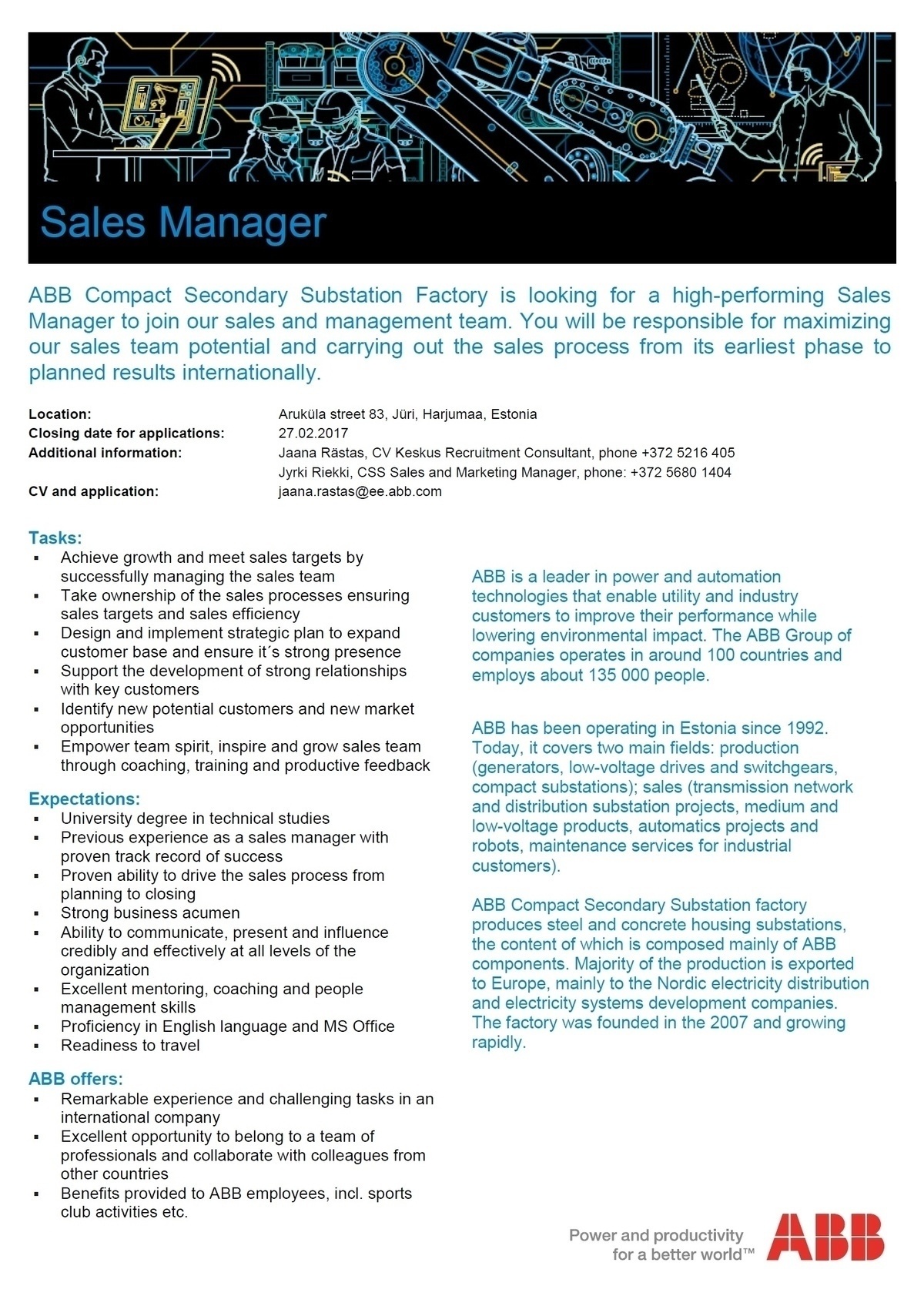 CV KESKUS OÜ ABB is looking for a Sales Manager