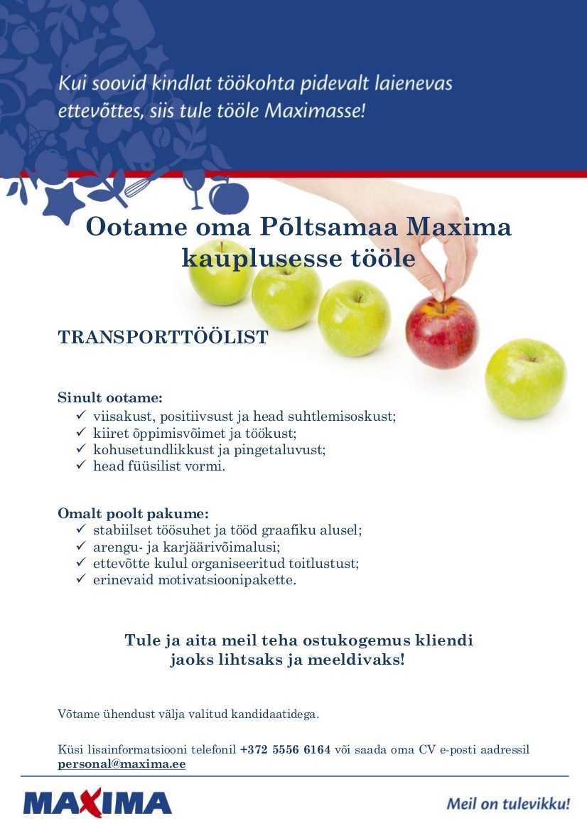 Maxima Eesti OÜ Transporttööline Põltsamaa Maximas