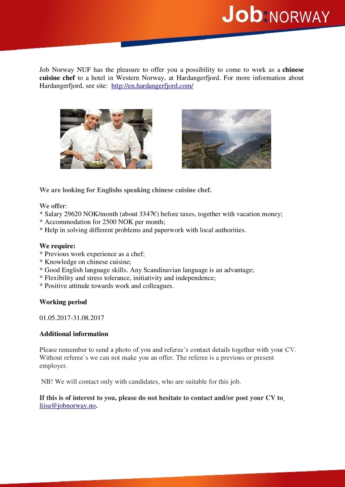 Job Norway NUF Chef to Chinese restaurant in Norway