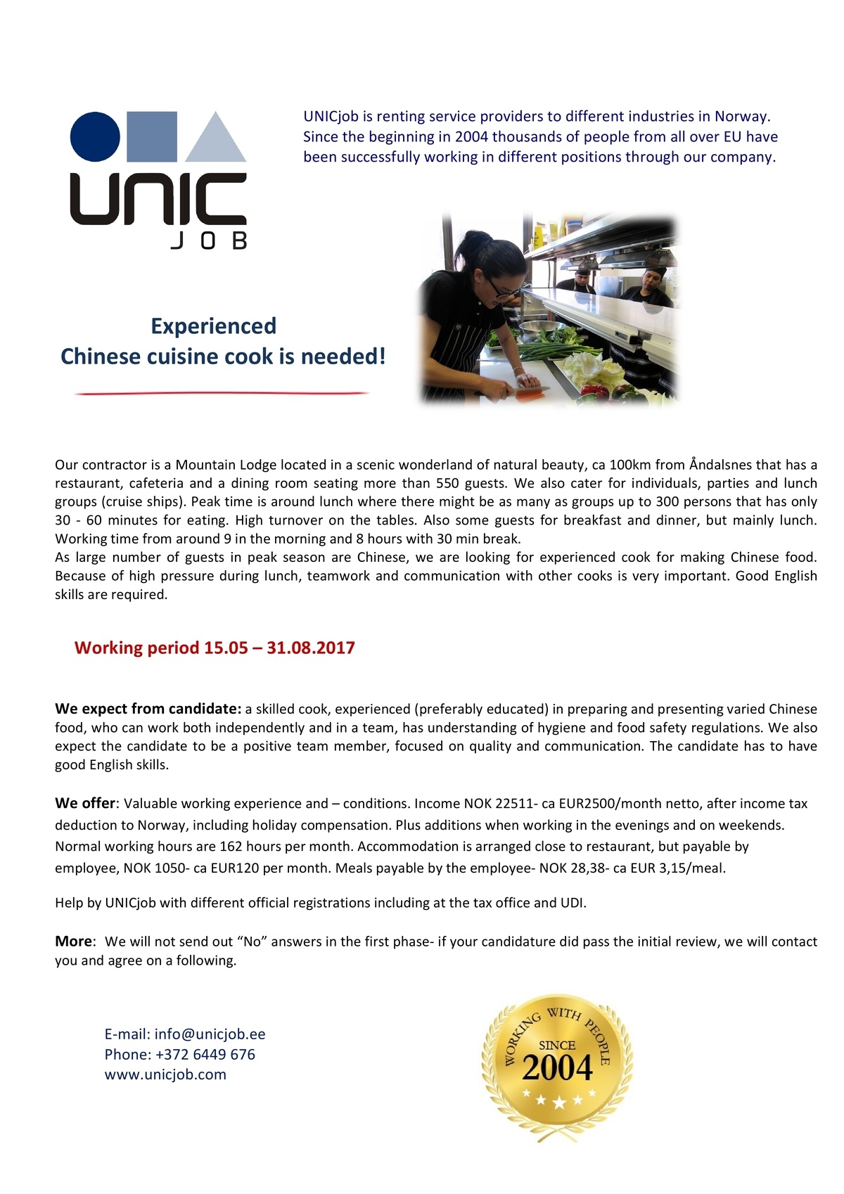 Unic Management OÜ Chinese cuisine cook to Norway 15.05 - 31.08.17