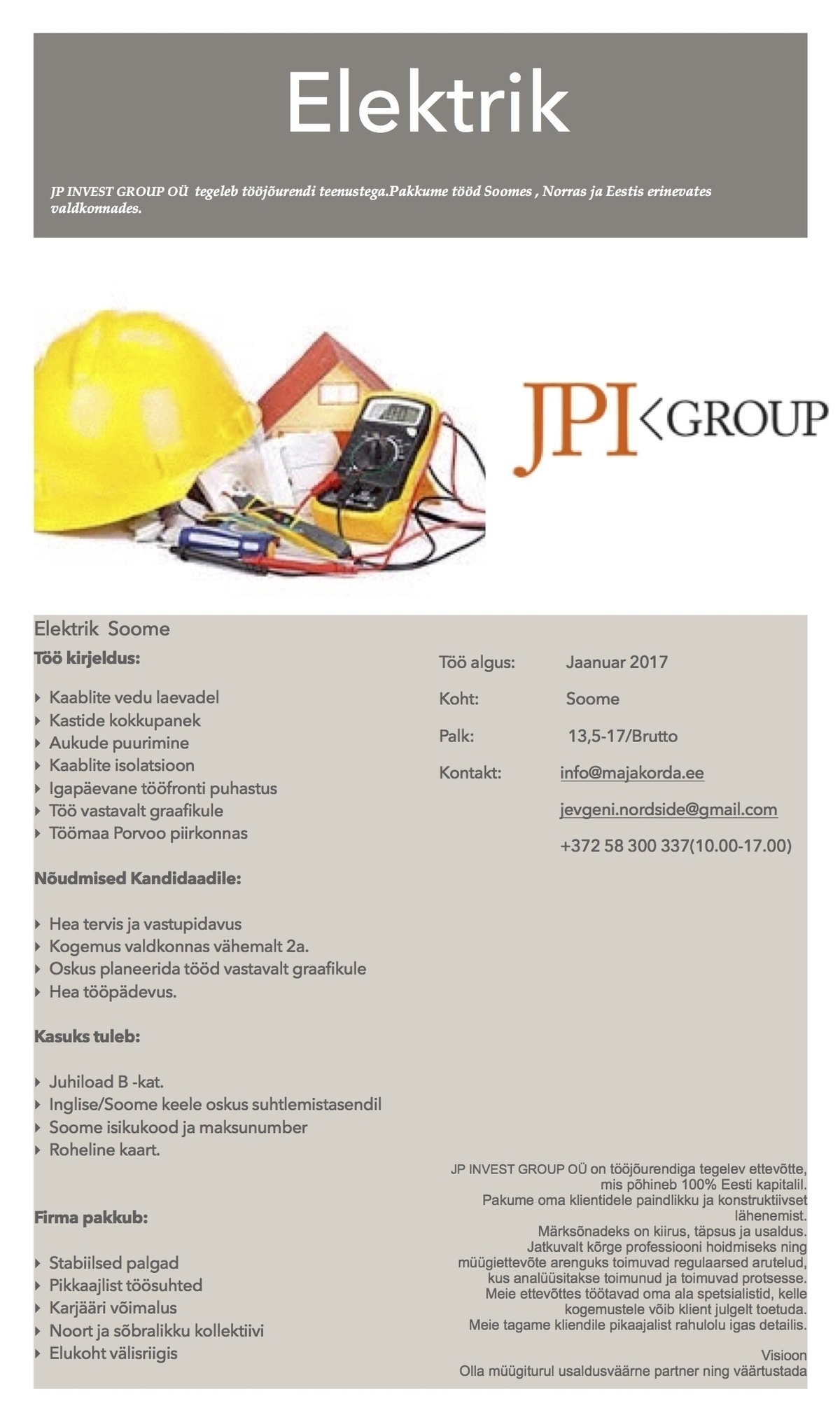 JP INVEST GROUP OÜ Elektrik