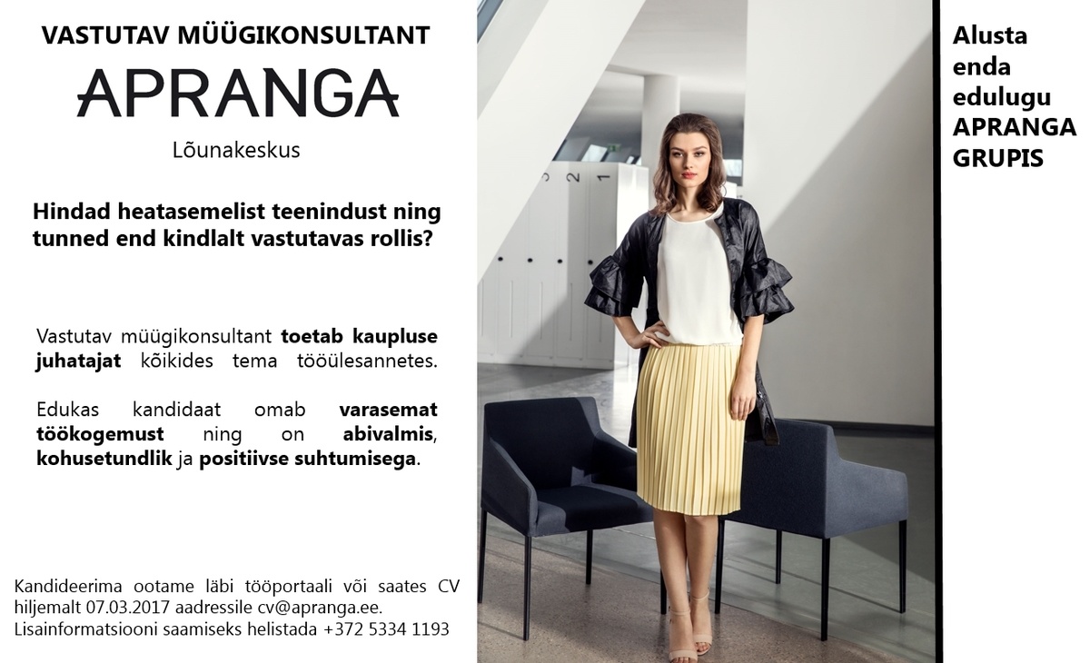 Apranga Estonia OÜ APRANGA vastutav müügikonsultant