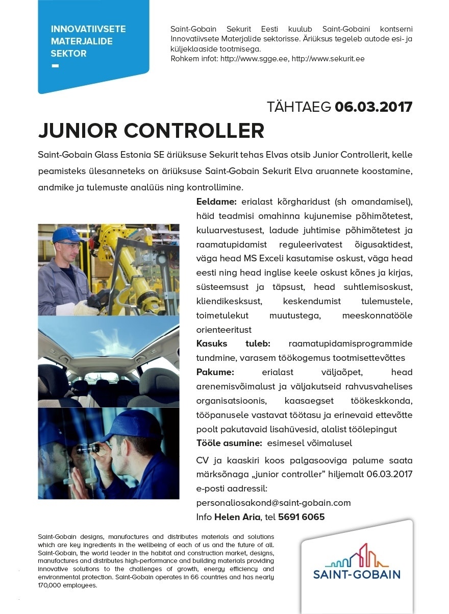 SAINT-GOBAIN GLASS ESTONIA SE Junior Controller