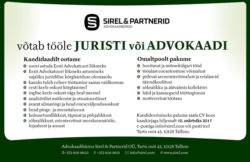 Advokaadibüroo Sirel & Partnerid OÜ Jurist või advokaat