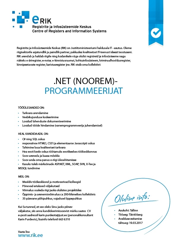 Registrite ja Infosüsteemide Keskus .NET (NOOREM)PROGRAMMEERIJA