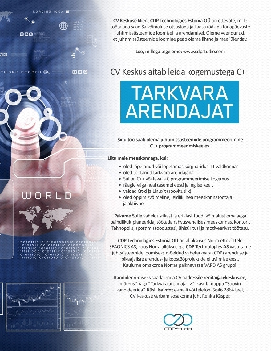 CV KESKUS OÜ CDP Technologies Estonia otsib tarkvara arendajat