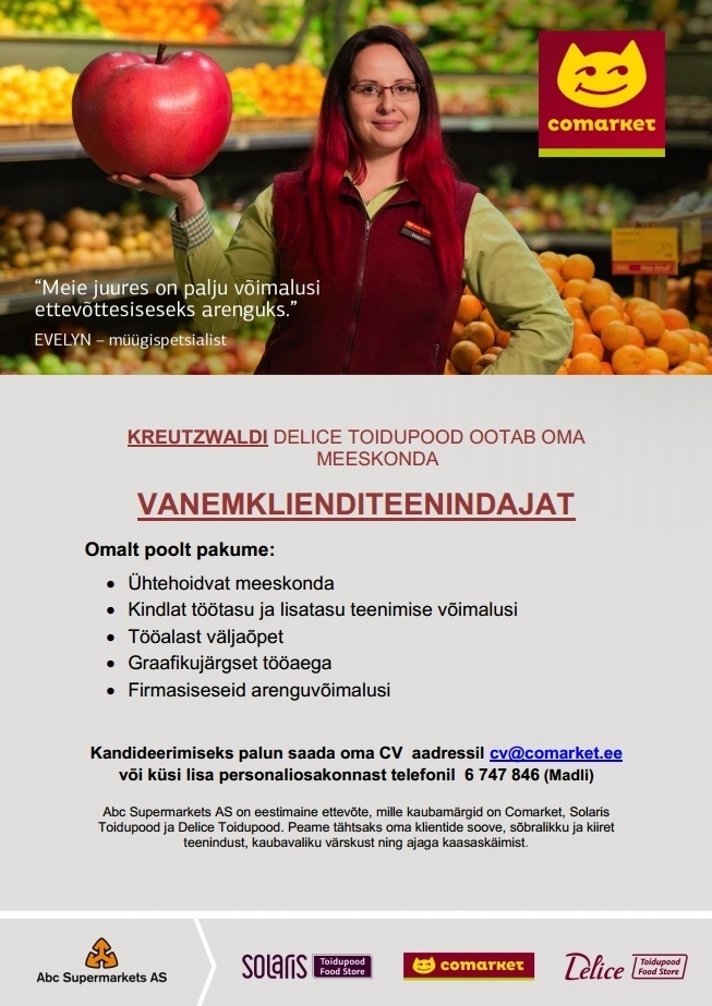 Abc Supermarkets AS VANEMKLIENDITEENINDAJA Kreutzwaldi Comarketis