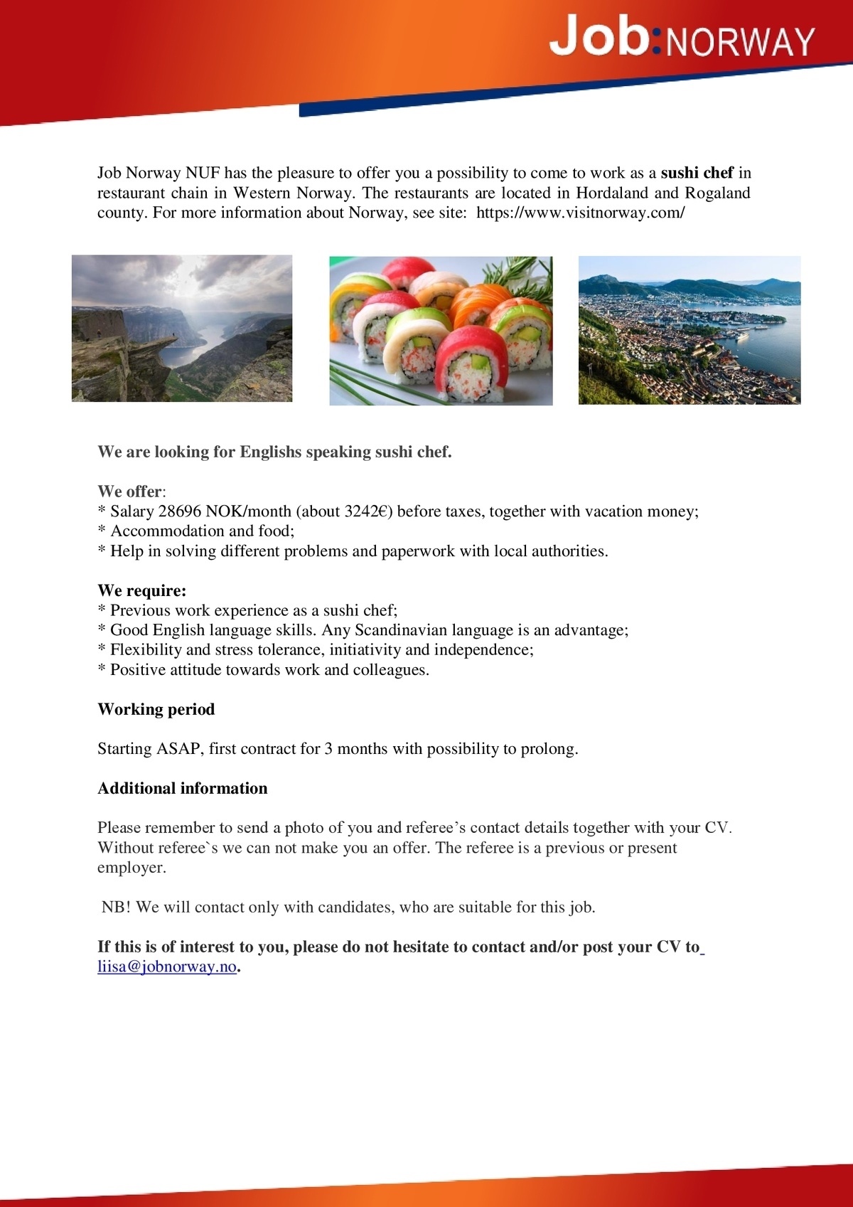 Job Norway NUF Sushi chef to Western Norway